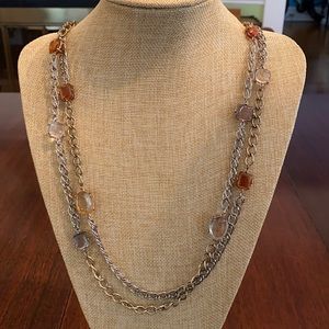 Ann Taylor Loft Vintage Gold Silver Chain Link Long Necklace Amber Clear Beads